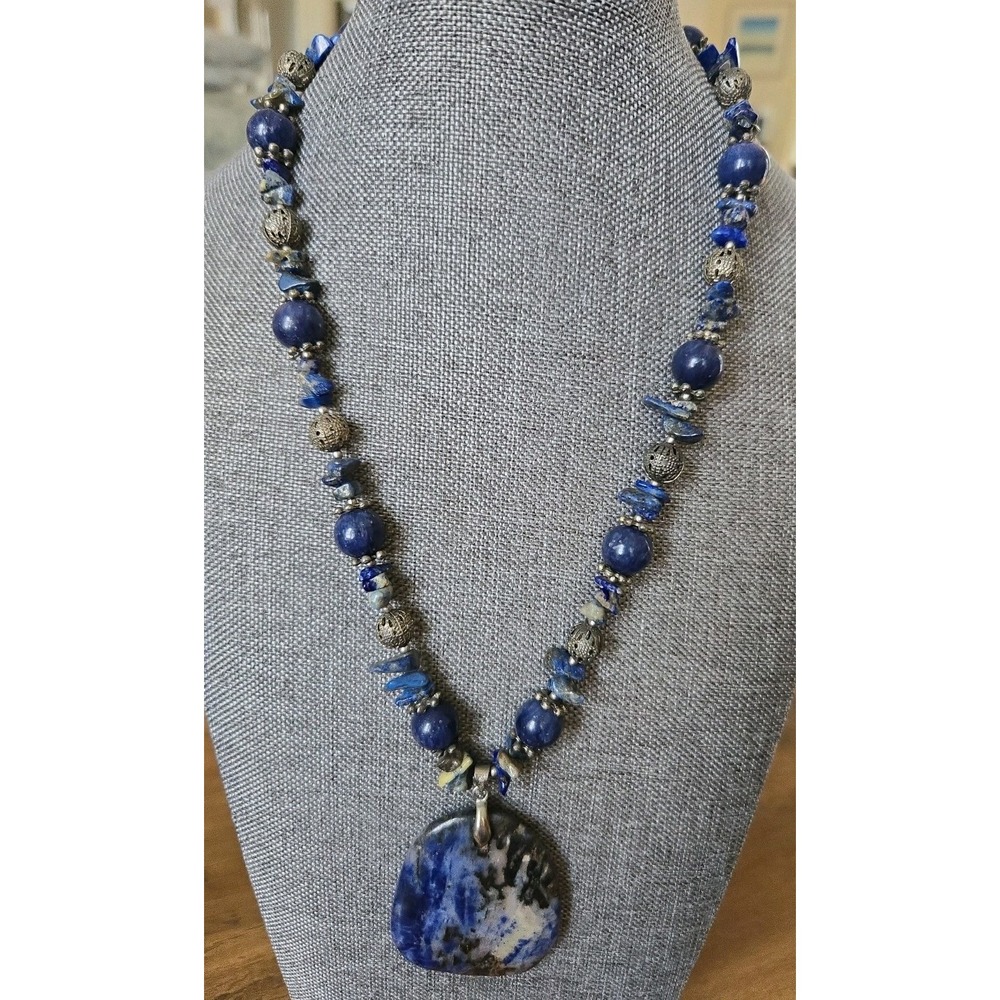 Vintage Sodalite Pendant Beaded Necklace Lapis Lazuli 18K GF Clamp Deep Blue